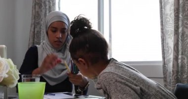Genç melez bir annenin, mutfakta genç kızıyla tesettüre girip, birlikte resim yapması ön planda.