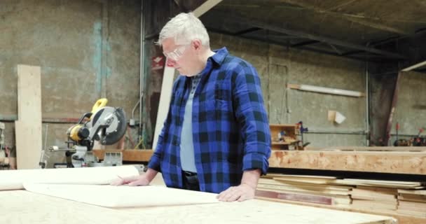 一位面带微笑的白人男性木匠头戴安全眼镜站在工作台旁边 目视镜头的画像 — 图库视频影像