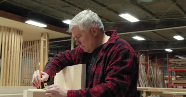 一位身穿格子衬衫 站在工作台旁边 身披木片的白人男性木匠的侧影 — 图库视频影像