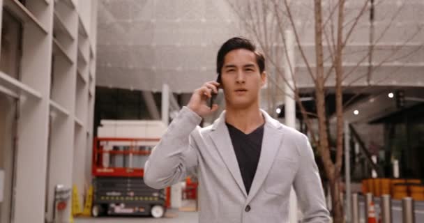 Vista Frontal Joven Mestizo Hablando Smartphone Caminando Por Calle Ciudad — Vídeo de stock