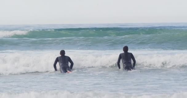 Visão Traseira Pai Caucasiano Seu Filho Adulto Jovem Surfando Deitado — Vídeo de Stock