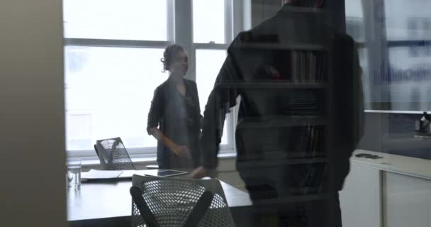 Zadní pohled na bělocha a míšenku v moderní kanceláři, jak vstávají po obchodní schůzce a potřásají si rukama, než muž odejde. Pohled skrz skleněnou stěnu s odrazy