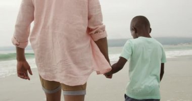 Genç oğluyla el ele tutuşan, sahile doğru yürüyen Afrikalı bir Amerikalının arka görüntüsü, ağır çekim.