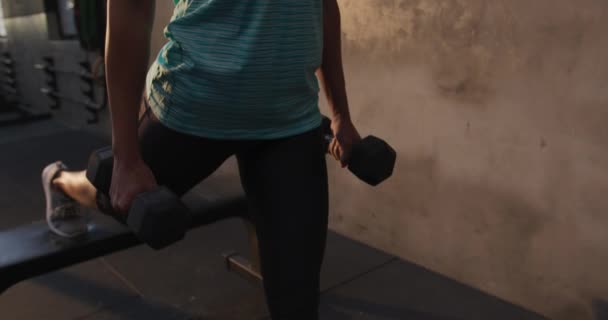 一名身穿运动服的男女混血女运动员在健身房交叉训练 举重训练 抱着两个哑铃跪地 慢动作的前景 — 图库视频影像