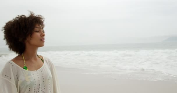 海に面したビーチに立つアフリカ系アメリカ人女性の近くで彼女の両目を閉じてゆっくりとした動き — ストック動画