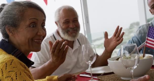 Front View Close African American Grandparents Father Sitting Dinner Table — Stock Video