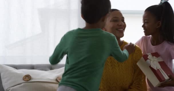 Μπροστά Όψη Μια Χαμογελαστή Αφροαμερικανή Γυναίκα Στο Σπίτι Στο Σαλόνι — Αρχείο Βίντεο