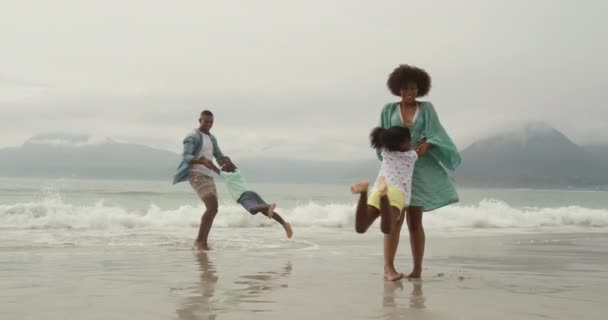 彼らの幼い息子と娘と手を取り回しながらゆっくりと動き回るアフリカ系アメリカ人のカップルの海沿いのビーチの側面図 — ストック動画