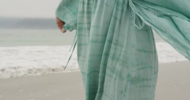 一个快乐的非洲裔美国女人在海边欢快地笑着跳舞 慢吞吞地向前看 — 图库视频影像