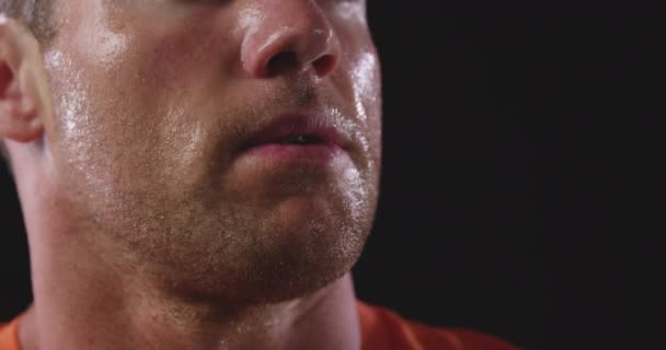 Head Shot Caucasian Male Athelete Sweating Work Out Turning His — Stock Video