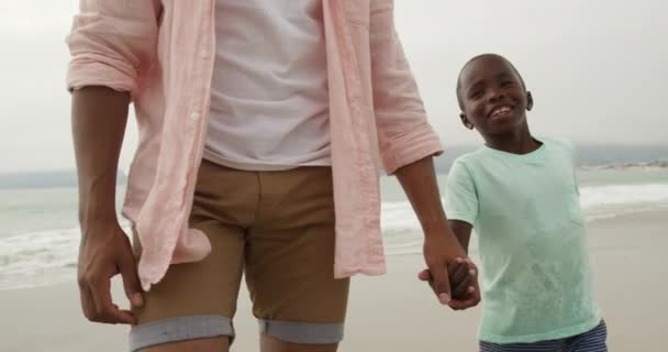 アフリカ系アメリカ人の男のフロントビューの真ん中のセクションでは カメラを手に彼の笑顔の息子と一緒にビーチに向かって歩いて 彼らの後ろの海 スローモーション — ストック動画