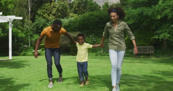 Vista Frontal Una Sonriente Pareja Afroamericana Caminando Por Jardín Tomados — Vídeo de stock