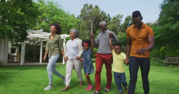 眼前是一代代的非裔美国家庭在花园里散步 手牵着手 面带微笑 父亲和祖父举着孙子 慢动作 — 图库视频影像