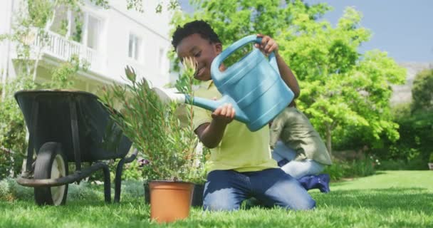 庭の若いアフリカ系アメリカ人の少年のフロントビューでは 草や水の上に散水缶で鉢植えの植物をひざまずいて 背景に彼の母親の園芸 スローモーション — ストック動画