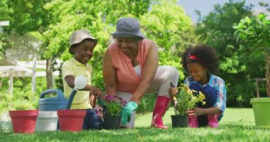 Bahçede kıdemli bir Afrikalı Amerikalı kadının önünde genç torunu ve torunuyla çömelmiş çömlek içinde bitkilerle ilgilenirken ve gülümserken, ağır çekimde