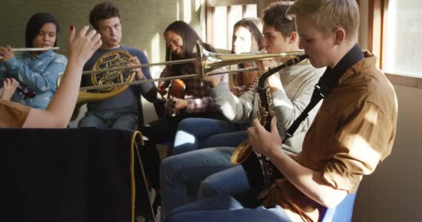 Zijaanzicht Van Een Multi Etnische Groep Mannelijke Vrouwelijke Tienermuzikanten Die — Stockvideo