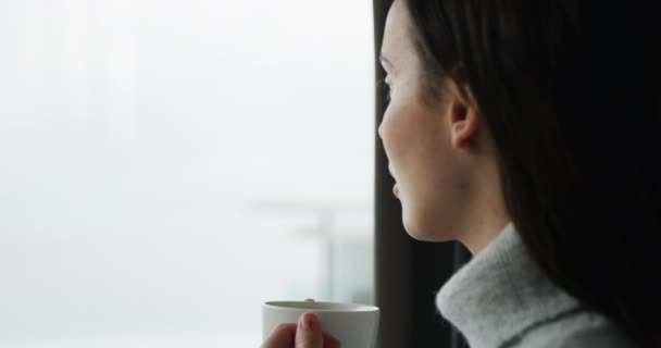 Nahaufnahme Einer Jungen Frau Die Eine Auszeit Genießt Kaffee Trinkt — Stockvideo