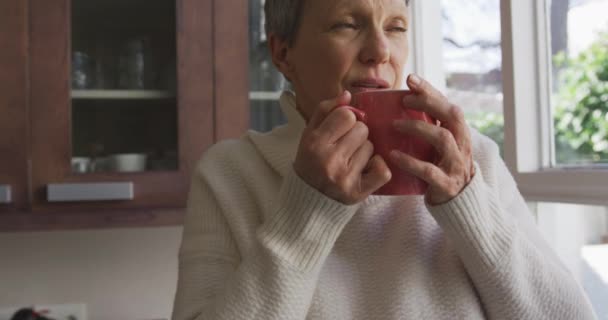 窓のそばに座ってコーヒーを飲みながら外を見ながらゆっくりとした動きをしています彼女の家のキッチンには — ストック動画