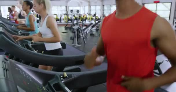 一名混血男子和一名金发白人女子身穿运动服 在体育中心体育馆锻炼 在跑步机上跑步 背景上还有一群不同的成年人在使用跑步机 — 图库视频影像