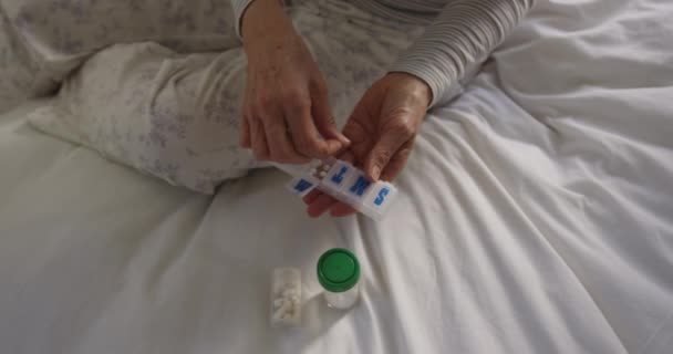 High Angle Mid Section Senior Caucasian Woman Sitting Her Bed — Stock Video