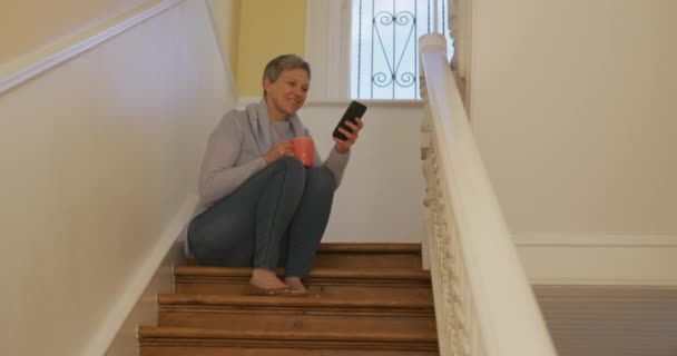 Low Angle View Senior Caucasian Woman Short Grey Hair Home — Stock Video