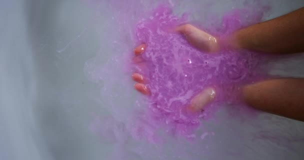 Close Cupped Hands Young Caucasian Woman Bath Holding Effervescing Pink — Stock Video