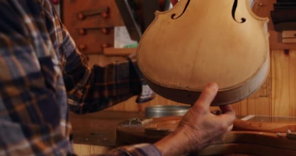 Atölyesinde Çalışan Kafkas Kadın Luthier Yan Görüntüsü Bitmemiş Bir Kemanın — Stok video