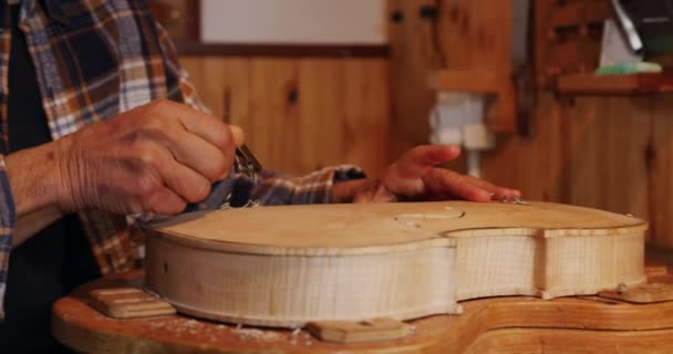 Side View Close Senior Caucasian Female Luthier Working Her Workshop — Stock Video