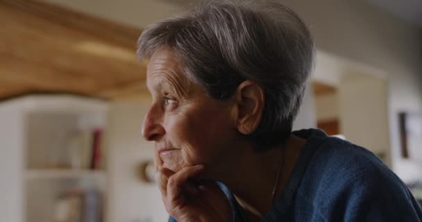一位白种人的老年妇女在厨房里 一头灰白的短发放松地呆在家里 靠着柜台朝外看 从窗口往外看 慢吞吞地走来走去 — 图库视频影像