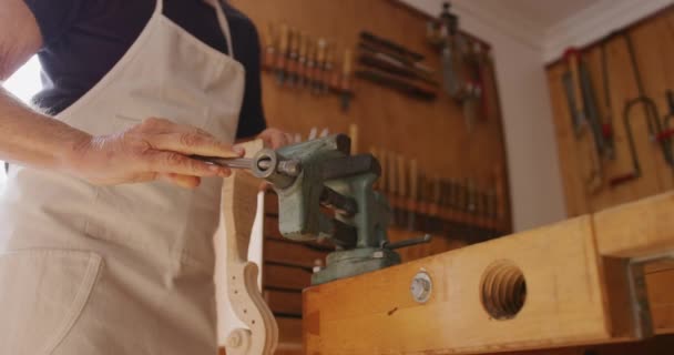 Baixo Ângulo Seção Média Luthier Feminino Caucasiano Sênior Usando Avental — Vídeo de Stock