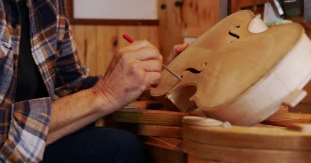 Visão Lateral Perto Uma Luthier Feminina Caucasiana Sênior Trabalhando Violino — Vídeo de Stock