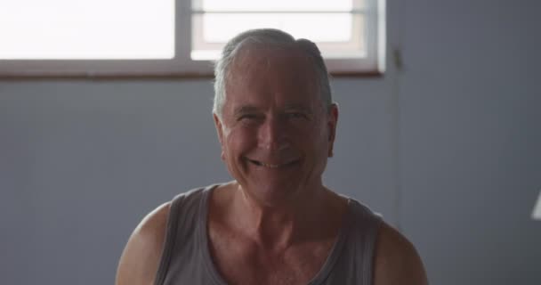 Portrait Senior Caucasian Man Relaxing Home His Bedroom Wearing Vest — 비디오