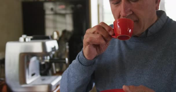 Front View Close Senior Caucasian Man Relaxing Home Standing Drinking — 비디오