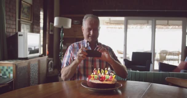 Front View Senior Caucasian Man Home Sitting Dining Table Taking — Stock Video