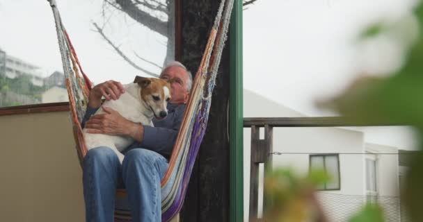 Yaşlı Beyaz Bir Adamın Evdeki Hamakta Evcil Köpeğiyle Oturduğu Manzara — Stok video