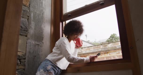 自宅の窓のそばに立つアフロヘアの若い混合レースの女性の側面図 コーヒーを飲みながら スマートフォン スローモーションを使用して — ストック動画