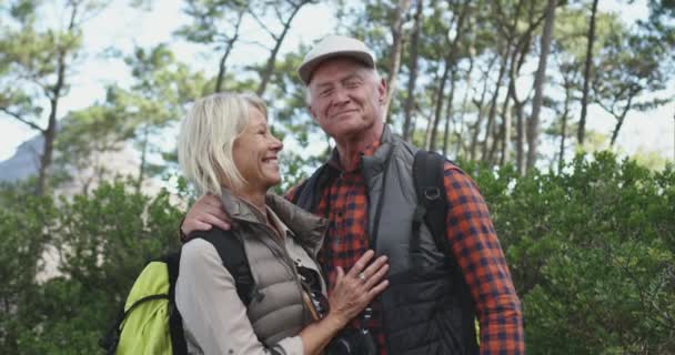 Portrait Senior Caucasian Couple Enjoying Time Nature Together Standing Forest — Stockvideo