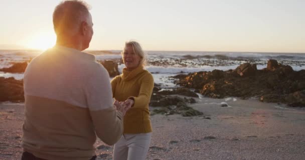 Front View Senior Caucasian Couple Enjoying Time Nature Together Dancing — Stock Video