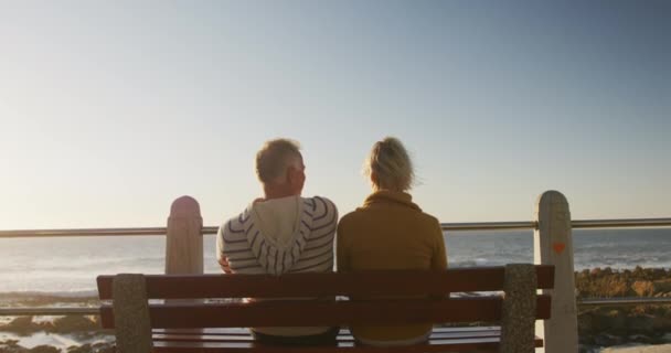 Vista Trasera Una Pareja Ancianos Caucásicos Disfrutando Del Tiempo Naturaleza — Vídeo de stock