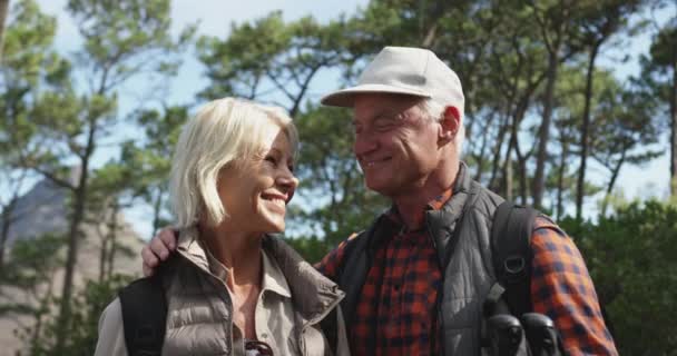 Portrait Senior Caucasian Couple Enjoying Time Nature Together Standing Forest — Stockvideo