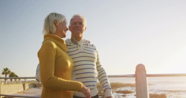 Vista Lateral Casal Caucasiano Sênior Feliz Desfrutando Tempo Natureza Juntos — Vídeo de Stock