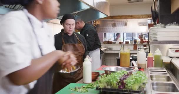 Sidovy Vit Och Afroamerikanska Kvinnliga Kockar Som Arbetar Upptagen Restaurang — Stockvideo