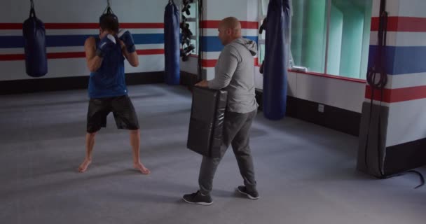 Přední Pohled Bělocha Mužského Kickboxera Cvičícího Kopanec Proti Podložce Kterou — Stock video