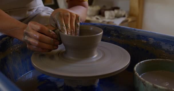 Çömlekçi Kadın Çömlekçinin Tarafı Çömlekçinin Tekerinde Oturuyor Çömlek Atölyesinde Elleriyle — Stok video