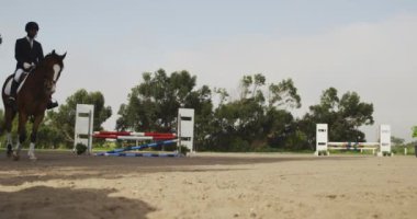 Kestane rengi bir ata binen ve çitlerden atlayan Afro-Amerikan bir adamın yan görüntüsü.