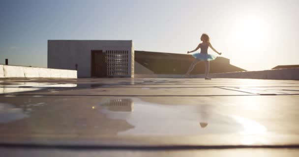 Side View Mixed Race Female Ballet Dancer Practicing Rooftop Sunrise — Stock Video