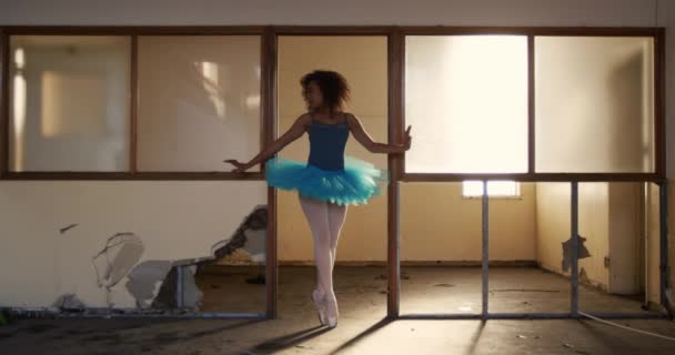 Vue Latérale Une Danseuse Ballet Mixte Pratiquant Dans Entrepôt Vide — Video