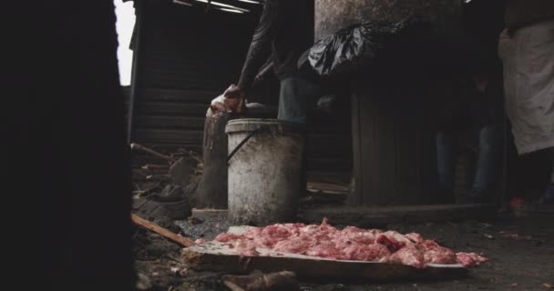 Seitenansicht Unterschnitt Eines Afrikanischen Metzgers Einer Township Werkstatt Schneiden Und — Stockvideo