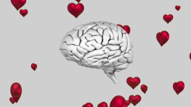 Primer Plano Del Cerebro Girando Sobre Fondo Gris Con Corazones — Vídeos de Stock