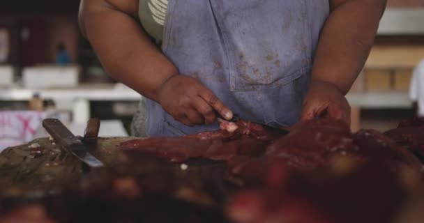 Front View African Female Butcher Wearing Headscarf Township Workshop Cutting — 비디오